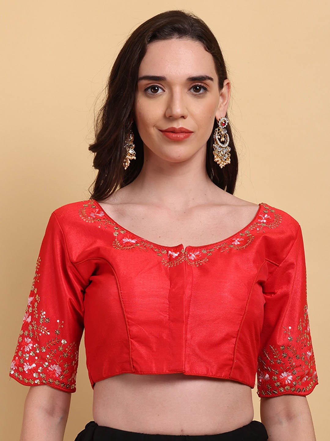

Globon Impex Embellished Silk Saree Blouse, Red
