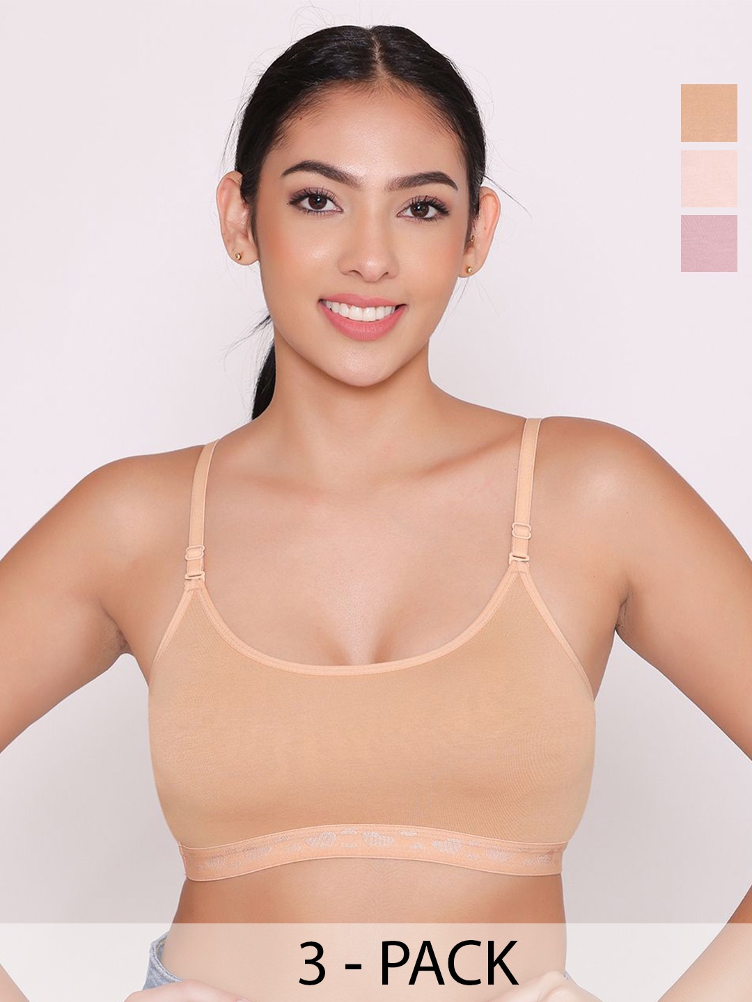 

INKURV Pack Of 3 Solid Double Layered Sports Bra, Nude