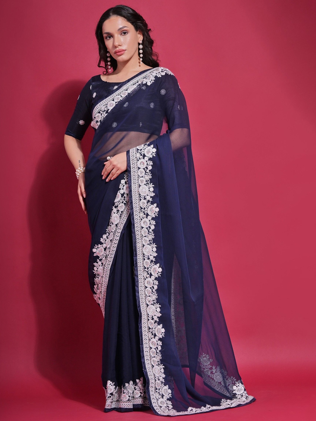 

Panzora Embroidered Poly Georgette Saree, Navy blue