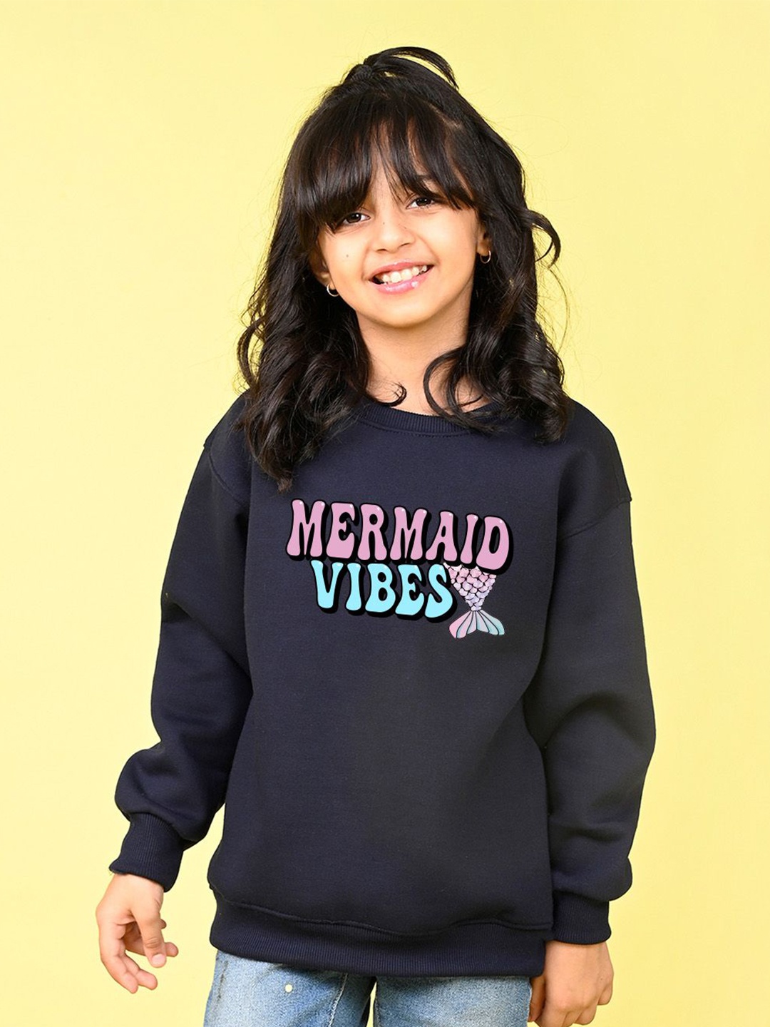 

NUSYL Girls Typography Printed Oversized Sweatshirt, Navy blue