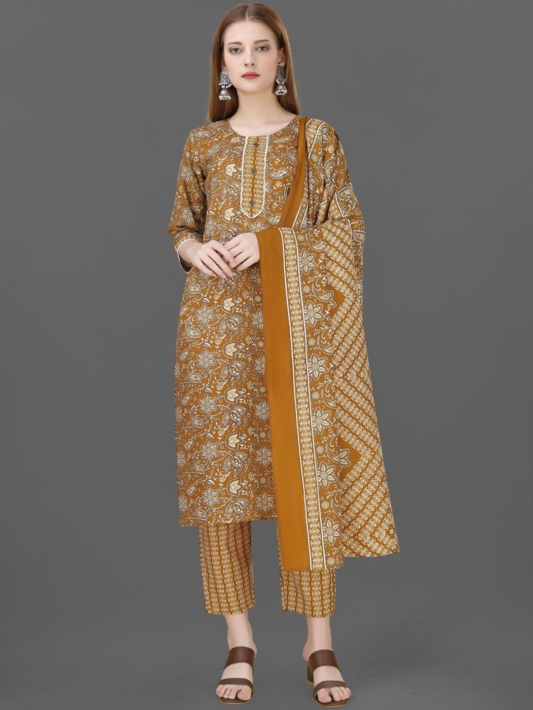 

Growdamy Ethnic Motifs Printed Kurta with Trousers & Dupatta, Yellow