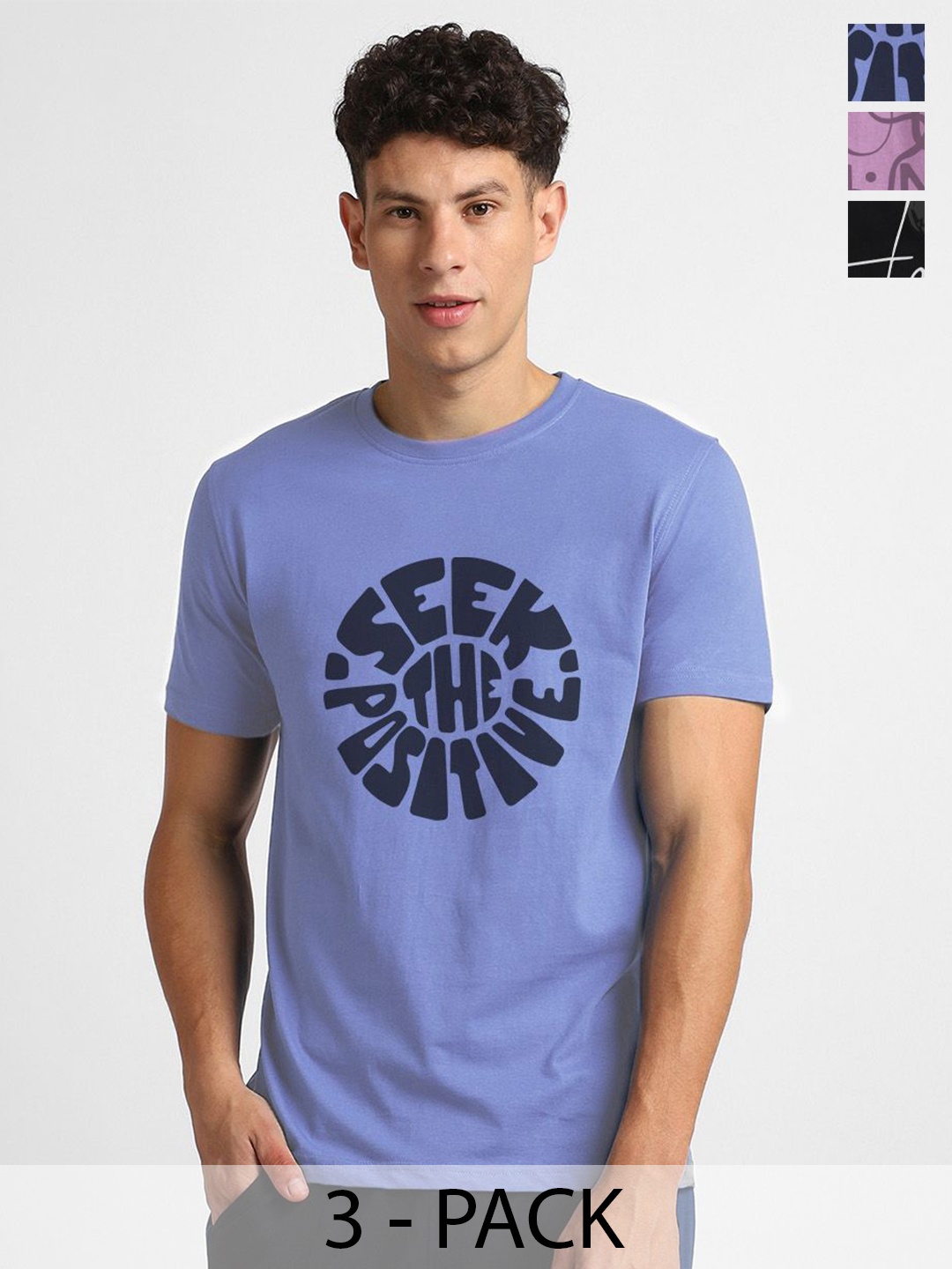 

NOBERO Men Pack Of 3 Typography Printed Round Neck Cotton T-shirts, Multi