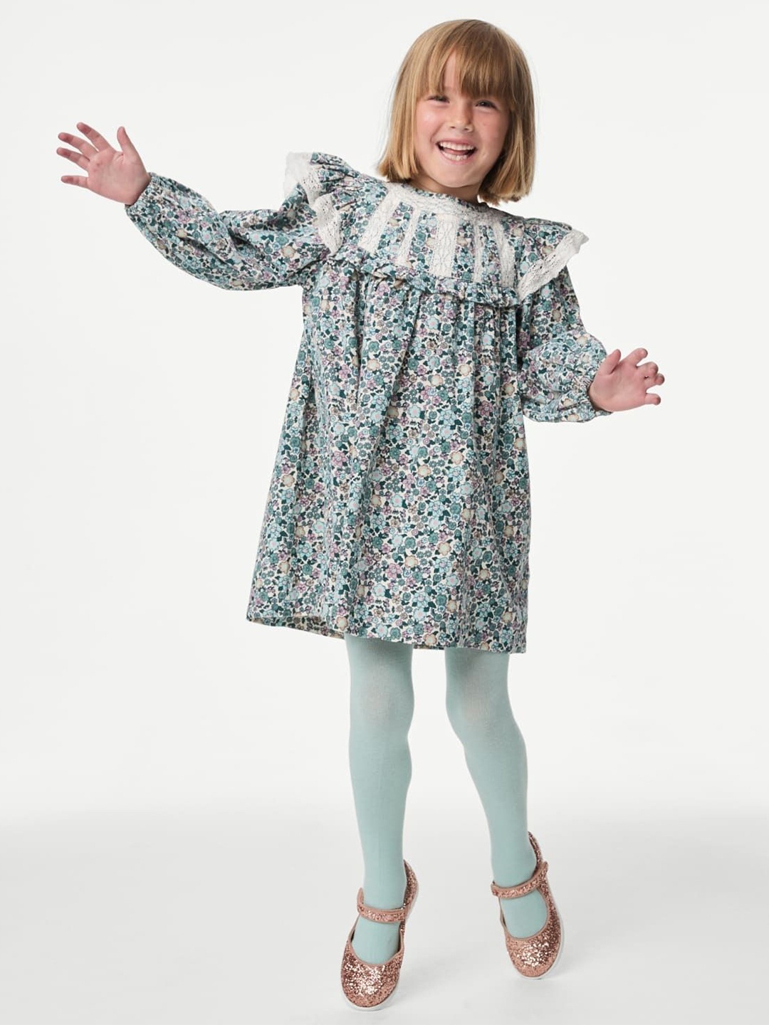 

Marks & Spencer Girls Floral Printed Cuffed Sleeves A-Line Dress, Green
