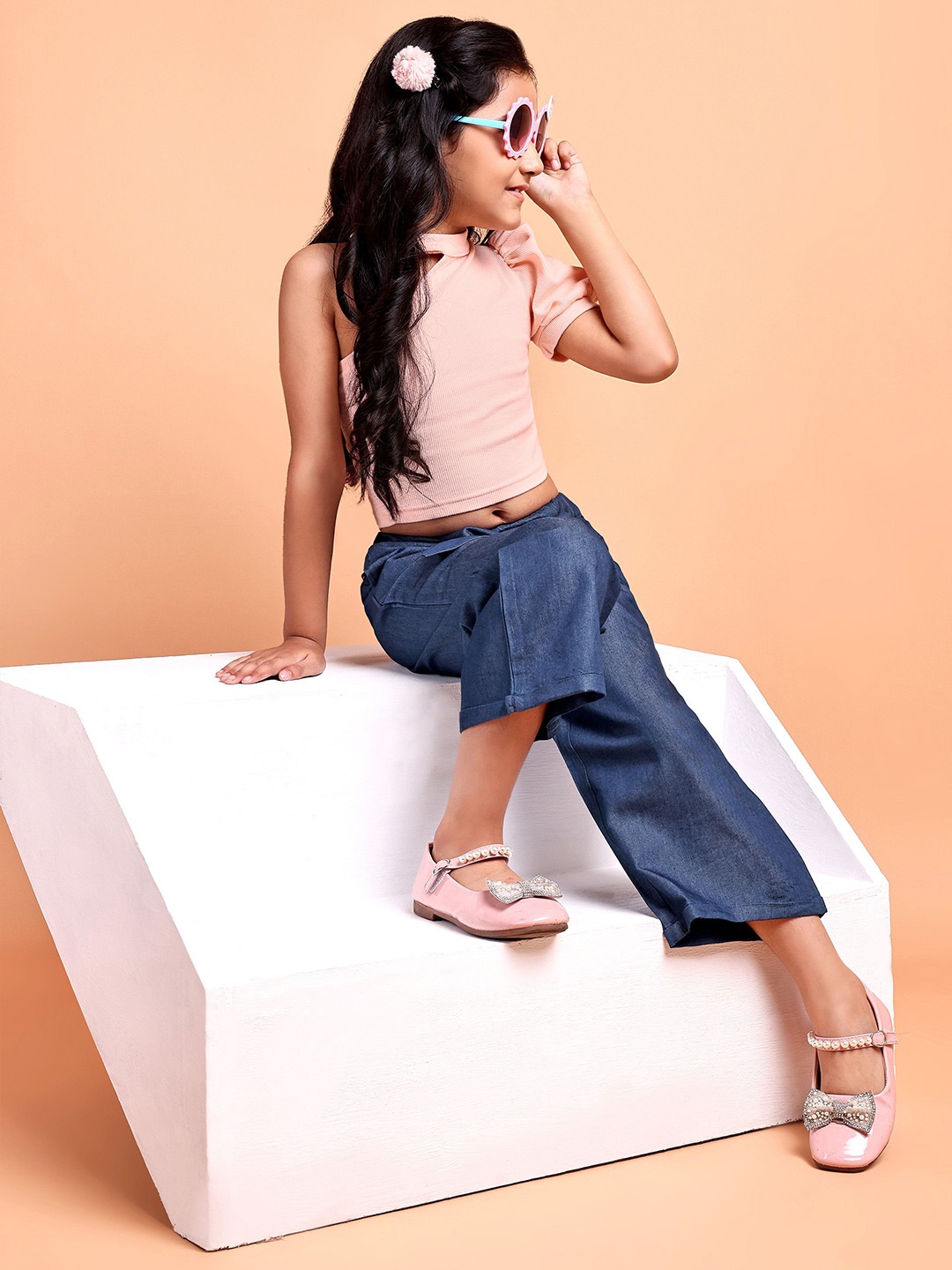 

YK Girls One Shoulder Ribbed Pure Cotton Top With Denim Palazzo, Pink