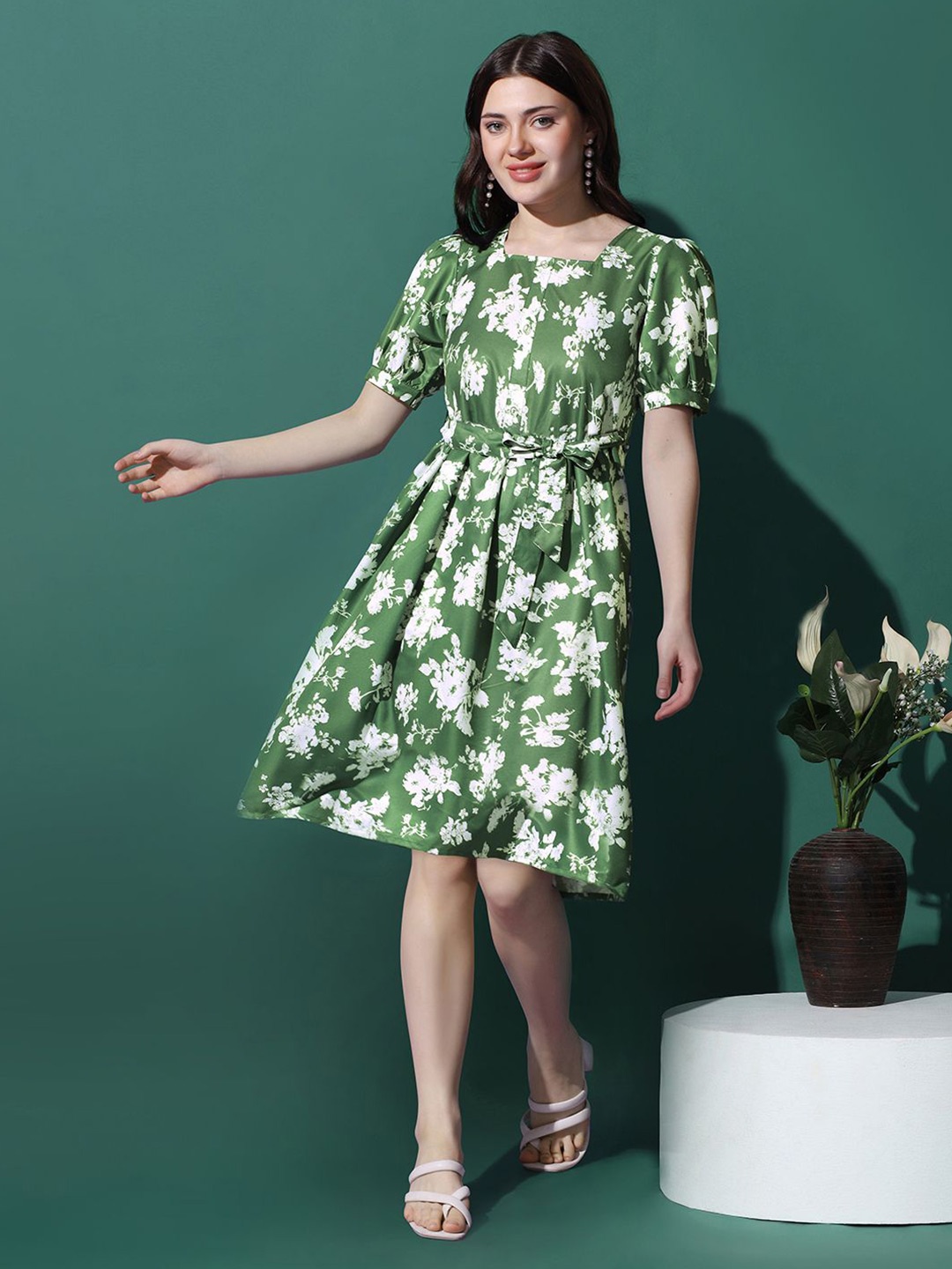 

BAESD Floral Printed Belted Fit and Flare Dress, Green