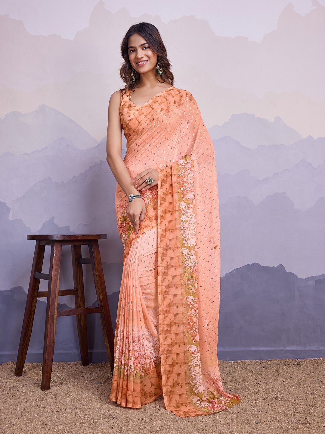 

all about you Floral Sequinned Poly Chiffon Banarasi Saree, Peach