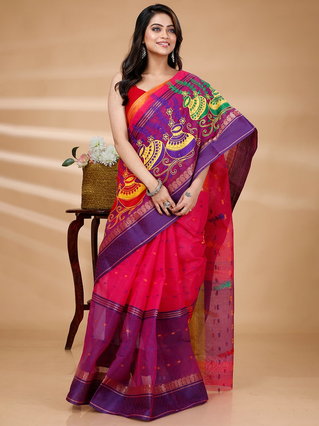

PuJoy Woven Design Zari Pure Cotton Taant Saree, Pink