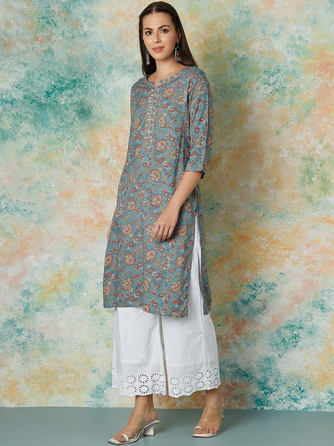 

Melange by Lifestyle Floral Printed Thread Work Straight Kurta, Blue