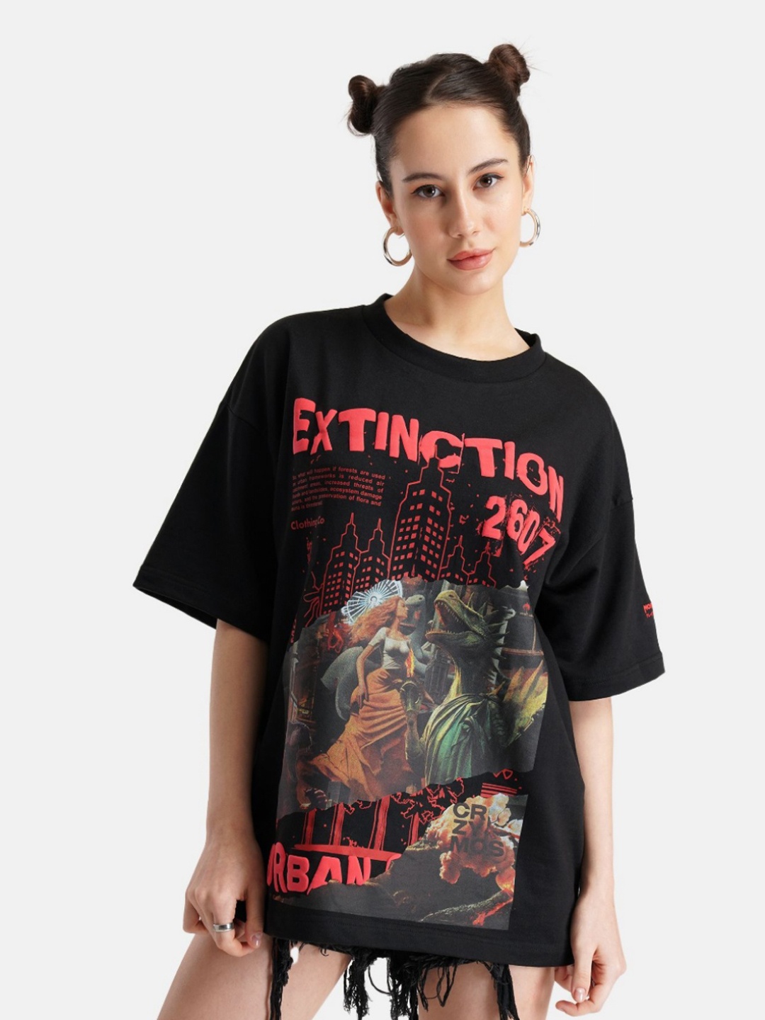 

Crazy Mosquitoes Women Printed Raw Edge T-shirt, Black