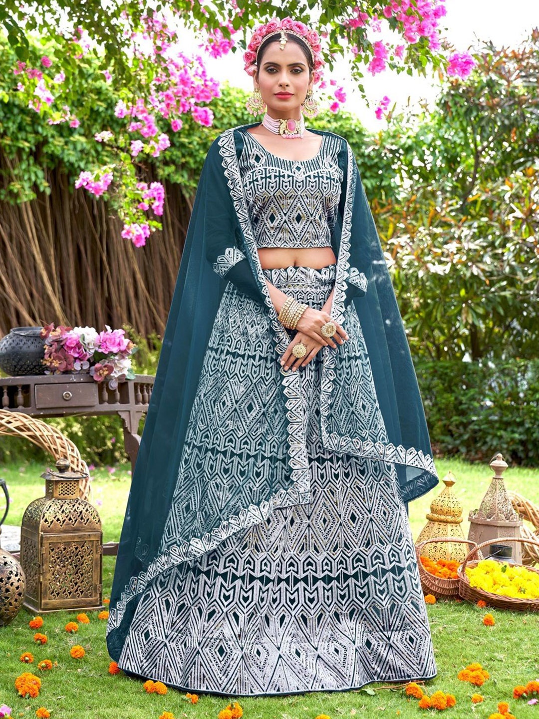 

VARNI FABRICS Embroidered Semi-Stitched Lehenga & Unstitched Blouse With Dupatta, Teal