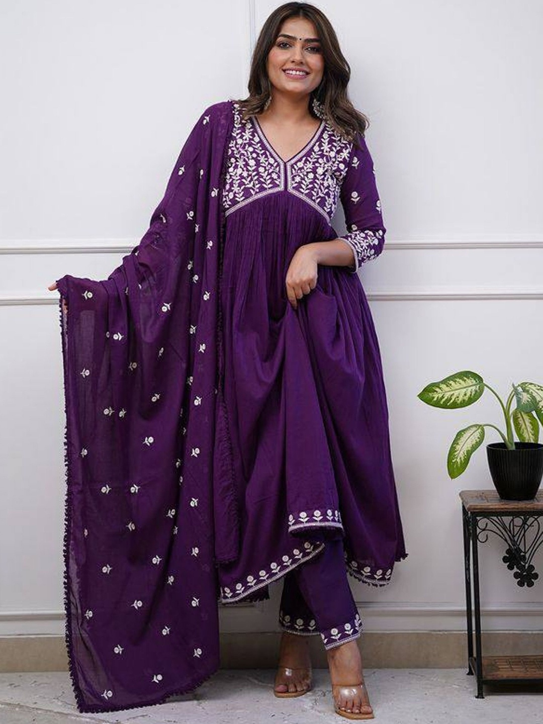 

KALINI Floral Embroidered Straight Kurta With Trouser & Dupatta, White