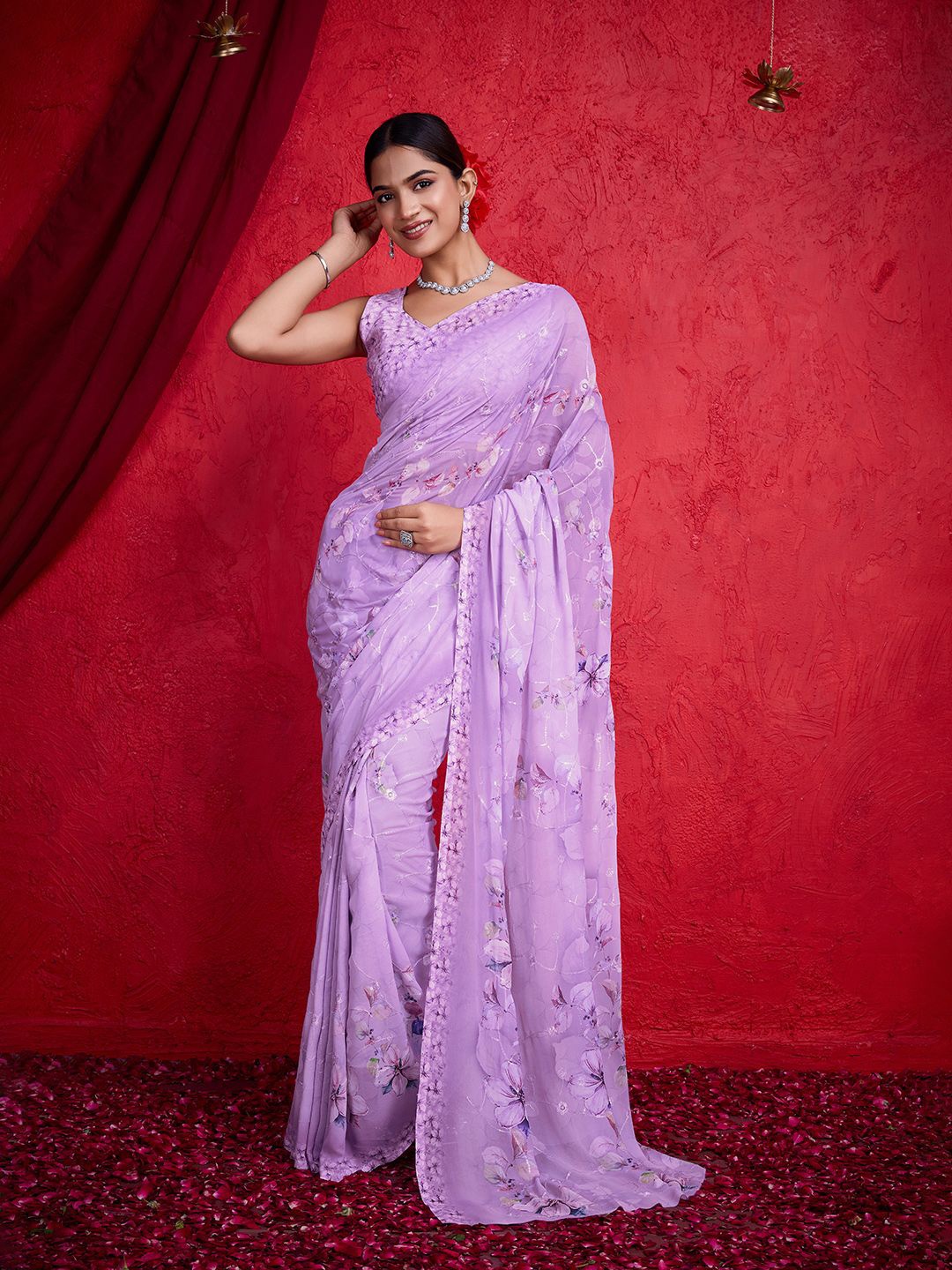 

all about you Floral Sequinned Poly Chiffon Saree, Purple