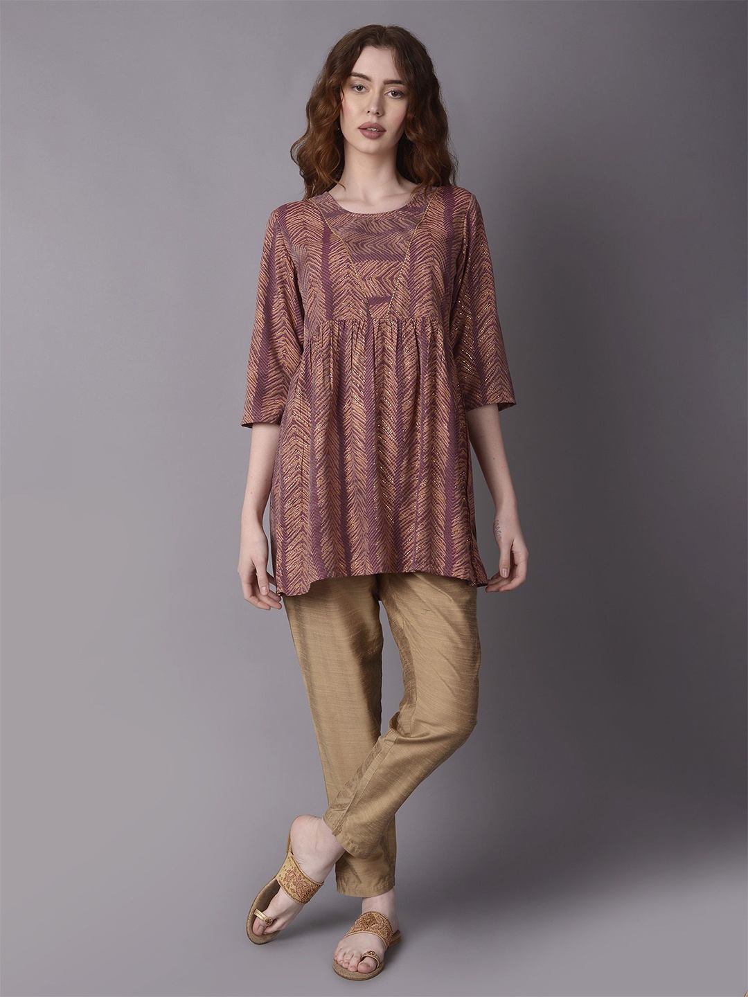

Shree Geometric Printed Liva Pleated Kurti, Burgundy