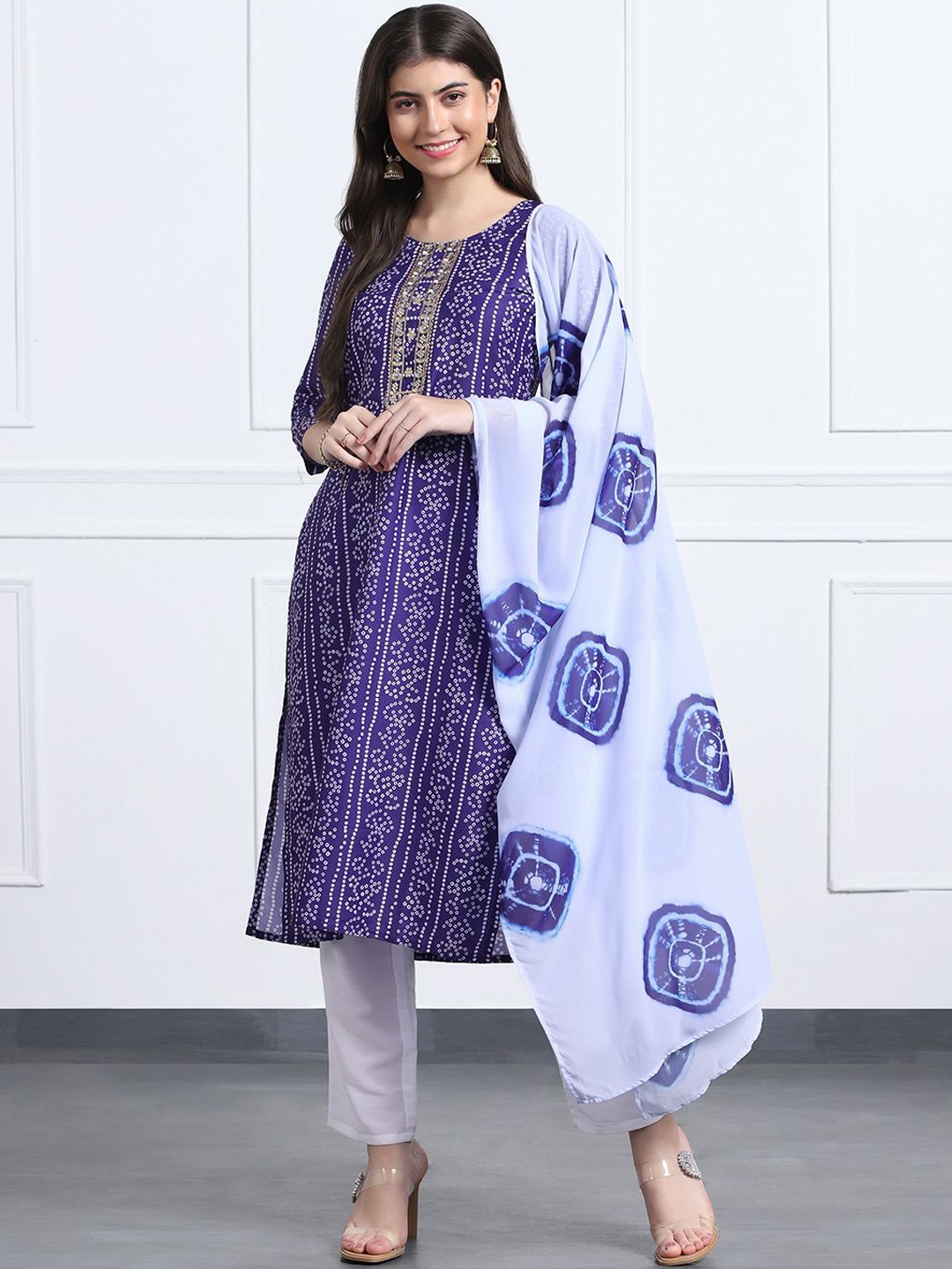 

FASHION DREAM Bandhani Printed Straight Kurta with Trousers & Dupatta, Blue