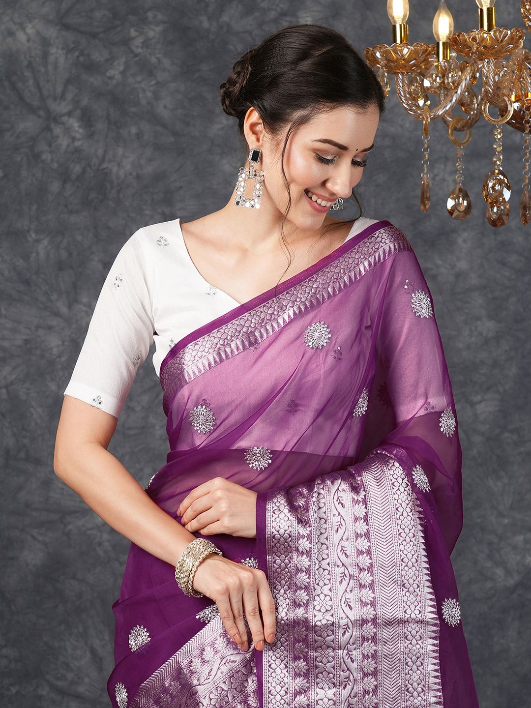 

Satrani Ethnic Motifs Sequinned Organza Banarasi Saree, Silver
