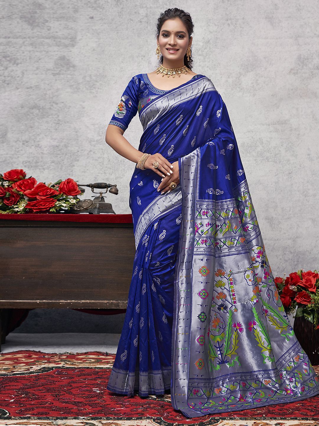 

Mitera Woven Design Zari Pure Silk Paithani Saree, Blue