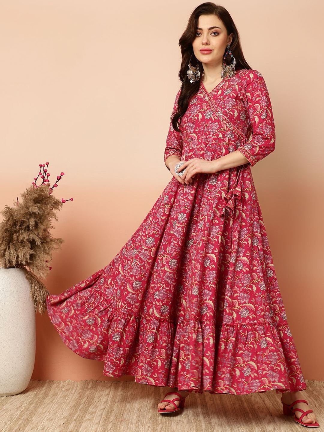 

KIMAYRA Floral Printed Mirror Work Angrakha Cotton Anarkali Kurta, Pink