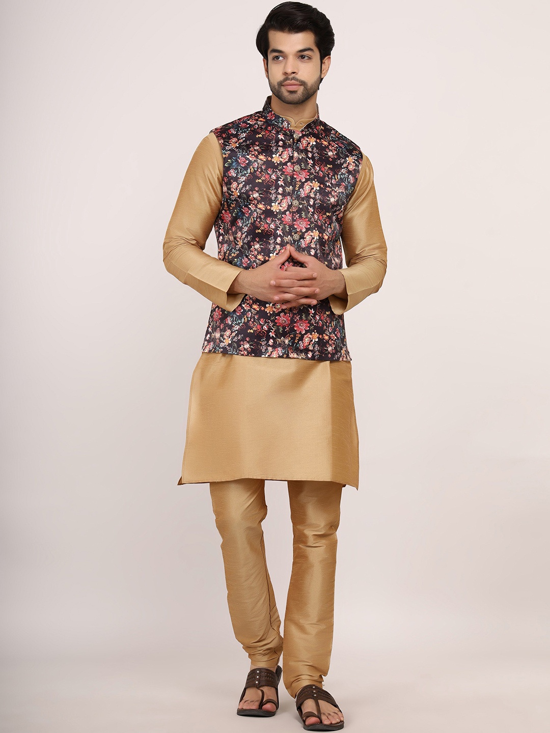 

Sadree Mandarin Collar Dupion Silk Straight Kurta With Churidar, Brown