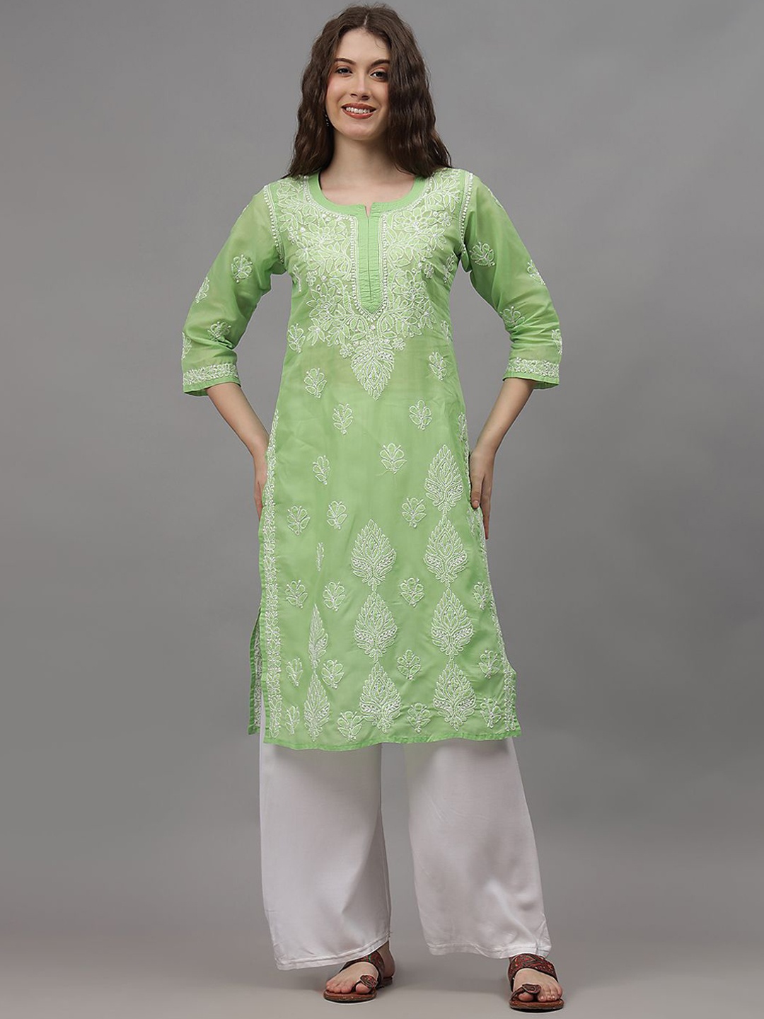 

Seva Chikan Ethnic Motifs Embroidered Lucknowi Chikankari Cotton Straight Kurta, Green