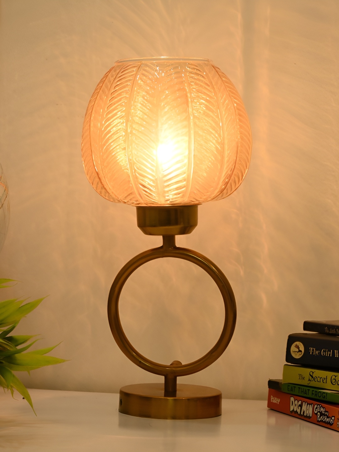

Afast Peach & Gold Toned Textured Spherical Glass Table Lamp With Adjustable Cord