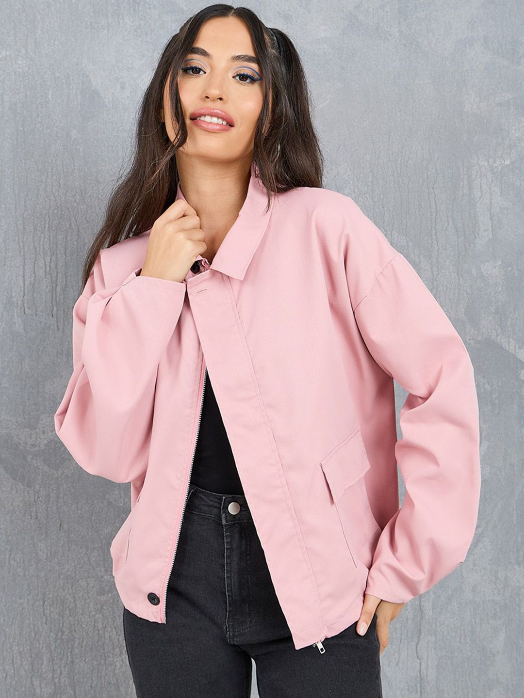 

Styli Women Solid Regular Fit Light Weight Jacket, Pink