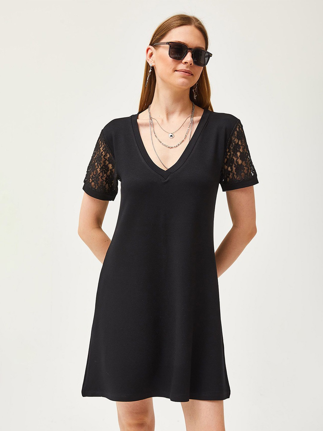 

Olalook Self Design Solid A-Line Dress, Black