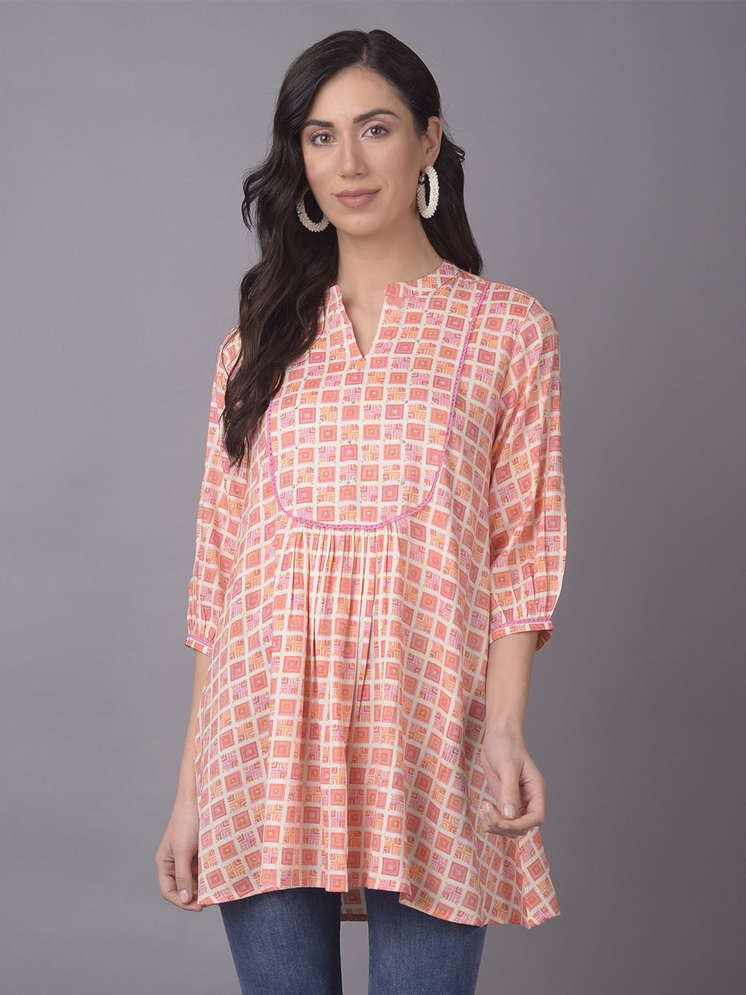 

Shree Liva Mandarin Collar Printed Tunic, Peach