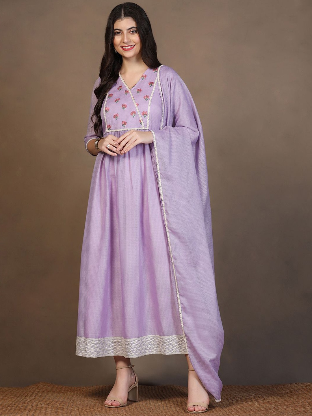 

FASHION DREAM Floral Embroidered V-Neck Gathered Maxi Gown Dress With Dupatta, Lavender
