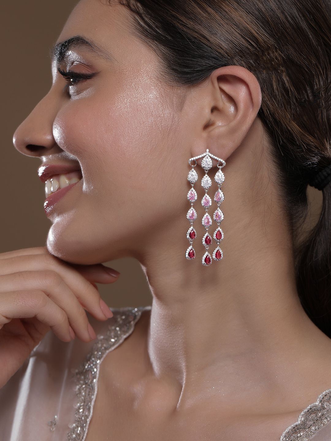 

Rubans Rhodium-Plated Crystal White, Pink & Ruby AD & CZ Studded Chandelier Earrings, Silver