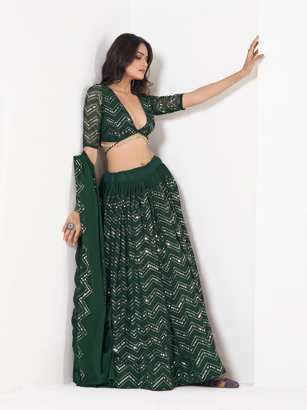 

Warthy Ent Embroidered Sequinned Semi-Stitched Lehenga & Unstitched Blouse With Dupatta, Green