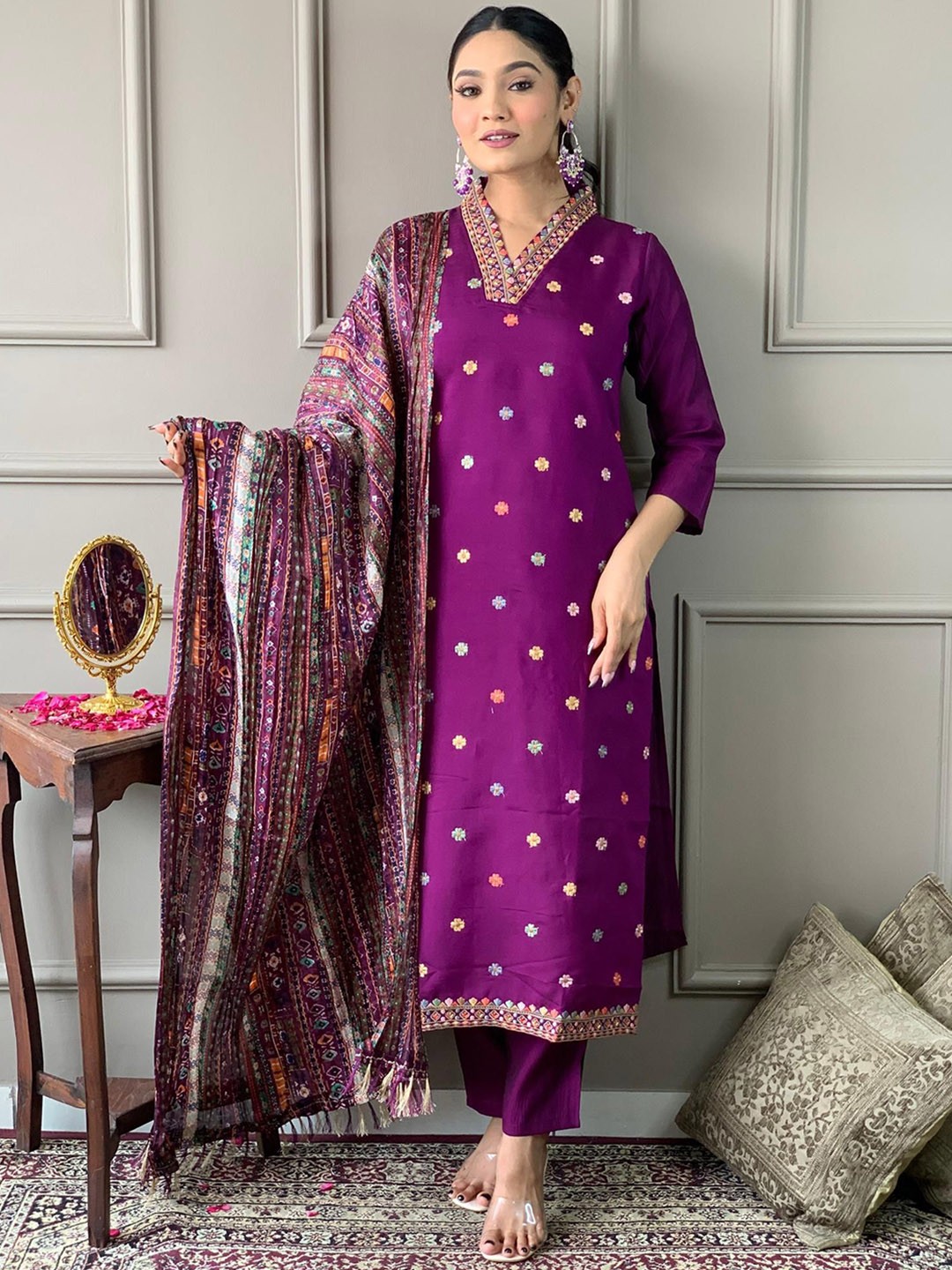 

THE52 Chanderi Silk Straight Kurta with Trousers & With Dupatta, Purple