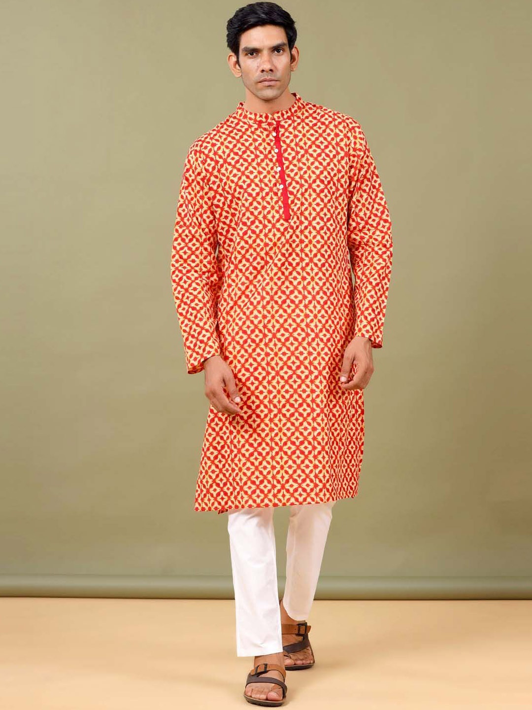 

Tistabene Geometric Printed Mandarin Collar Cotton Straight Kurta, Red