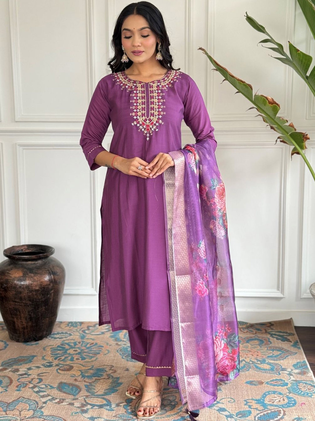 

KALINI Floral Yoke Design Chanderi Silk Straight Kurta With Trouser & Dupatta, Purple