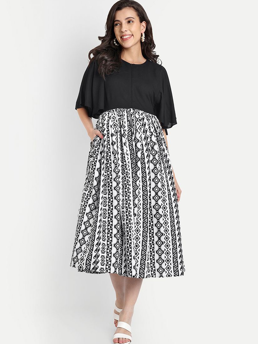 

SHINISHA Geometric Flare Sleeve Fit & Flare Midi Dress, Black