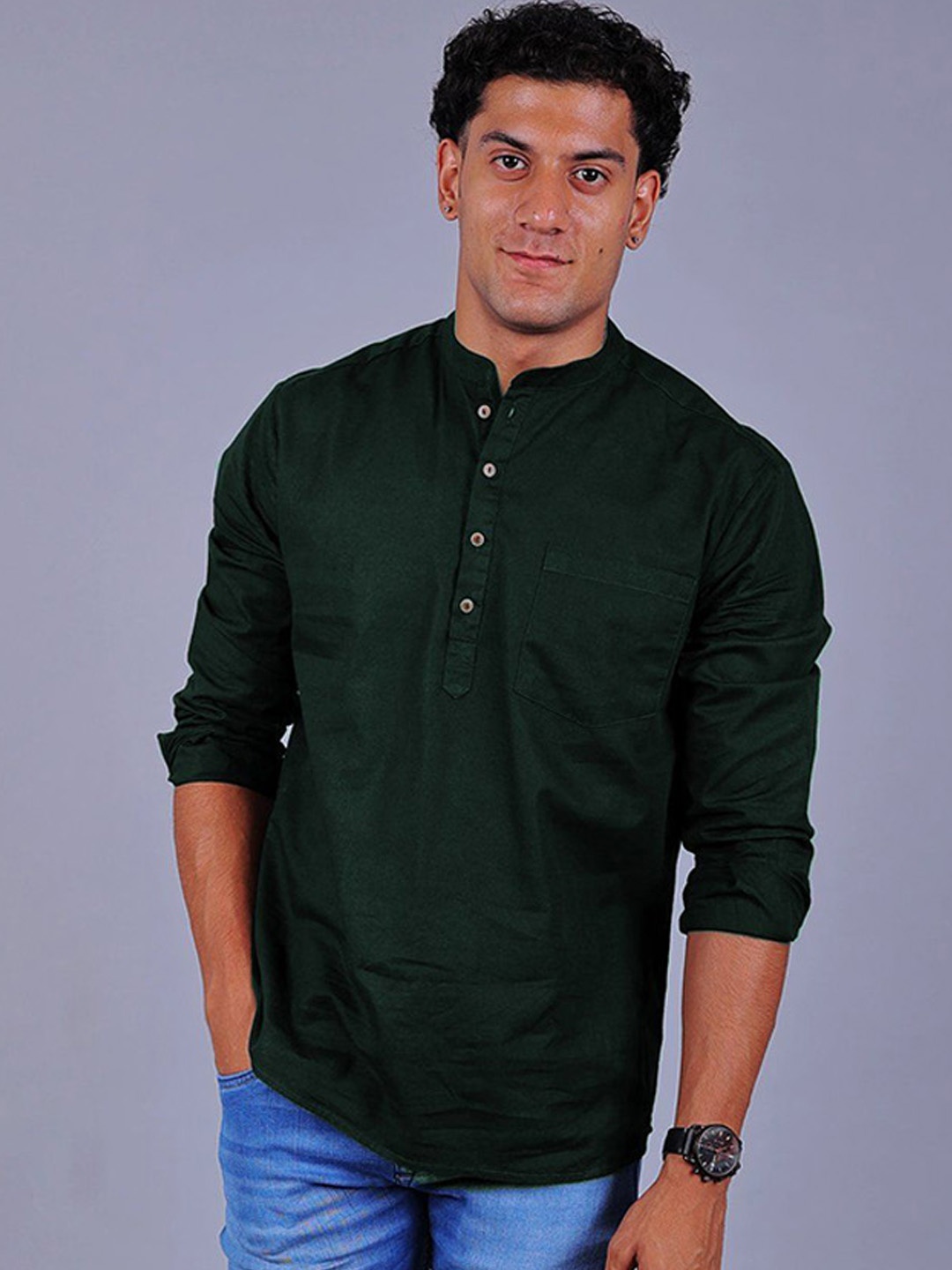 

BLUEBIRD Mandarin Collar Pure Cotton Kurta, Green