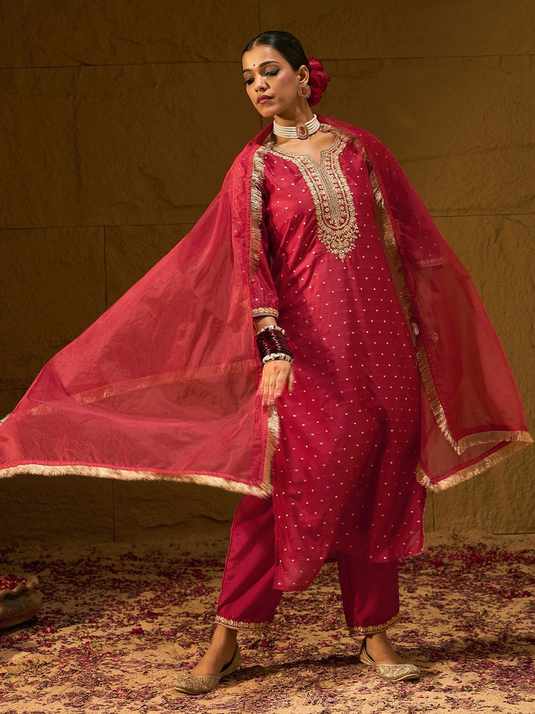 

Indo Era Red Embroidered Chanderi Silk Straight Zari Kurta With Trousers & Dupatta