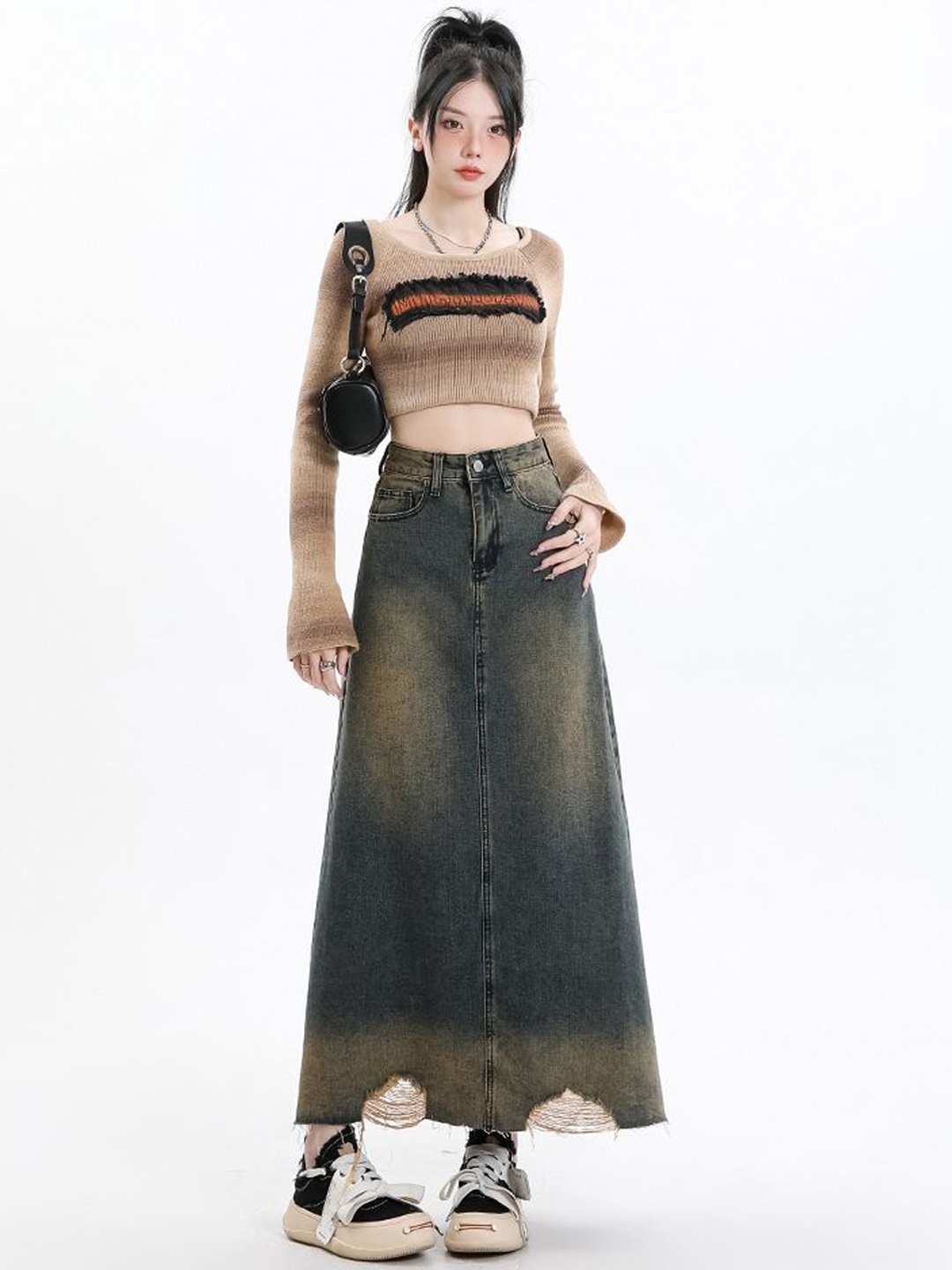

StyleCast Women Solid Denim A-Line Front Slit Maxi Skirt, Grey