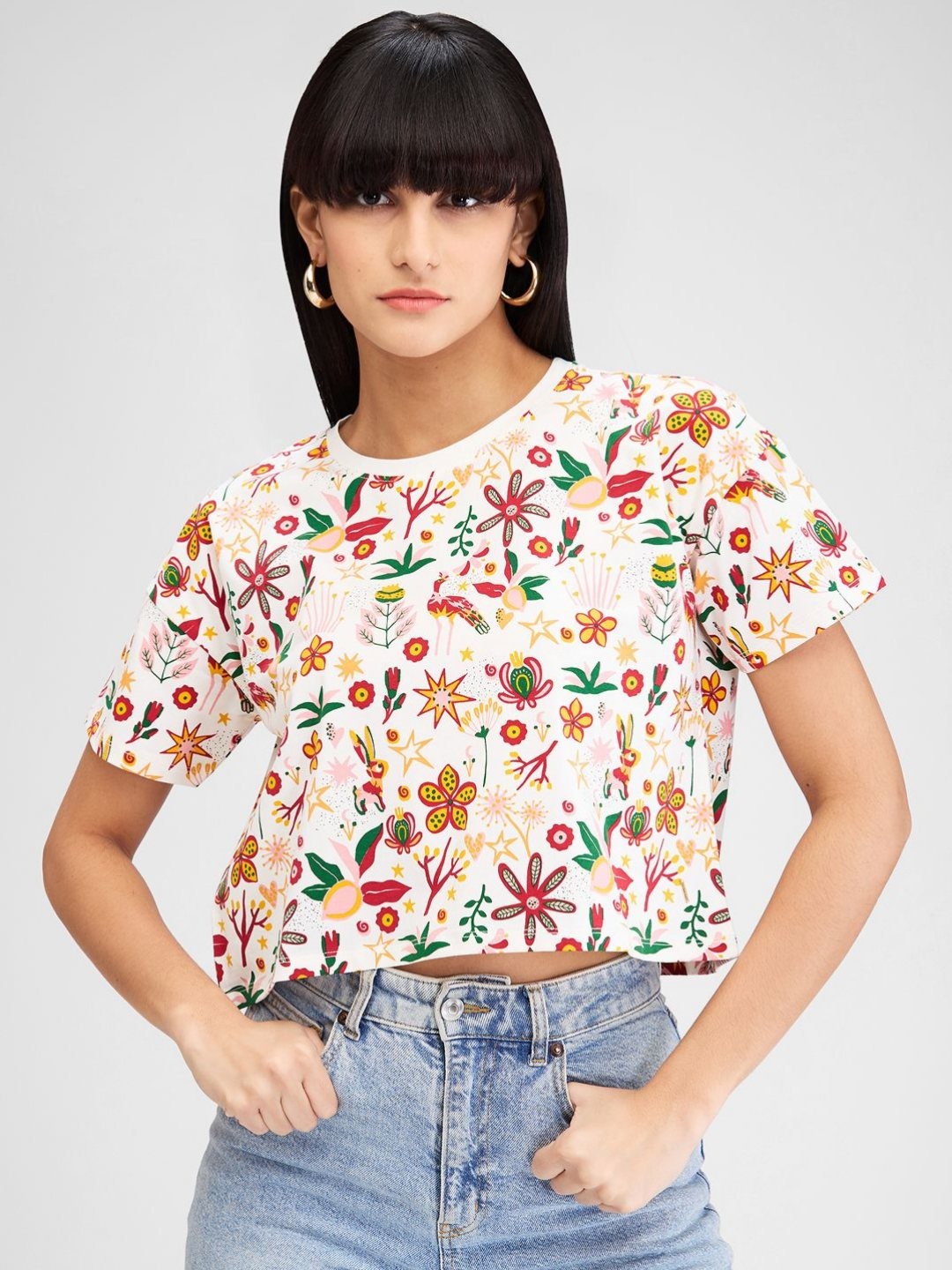 

SPYKAR Women Floral Printed Pockets Boxy T-shirt, White