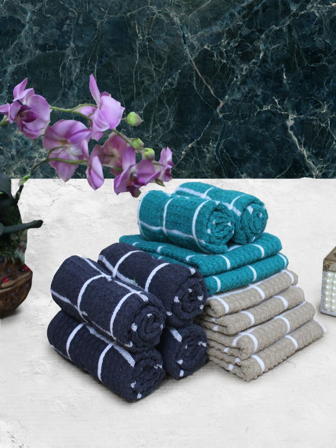 

Aura Turquoise Blue & Beige 12 Pieces Checked Cotton 150 GSM Hand Towels