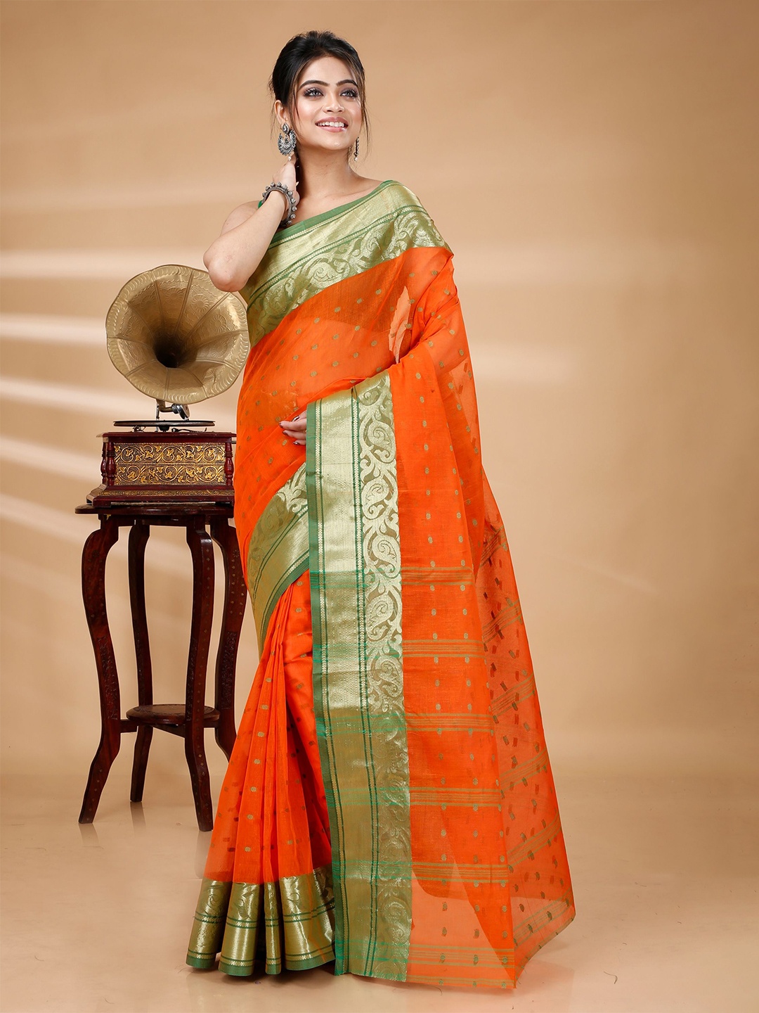 

PuJoy Woven Design Pure Cotton Taant Saree, Orange