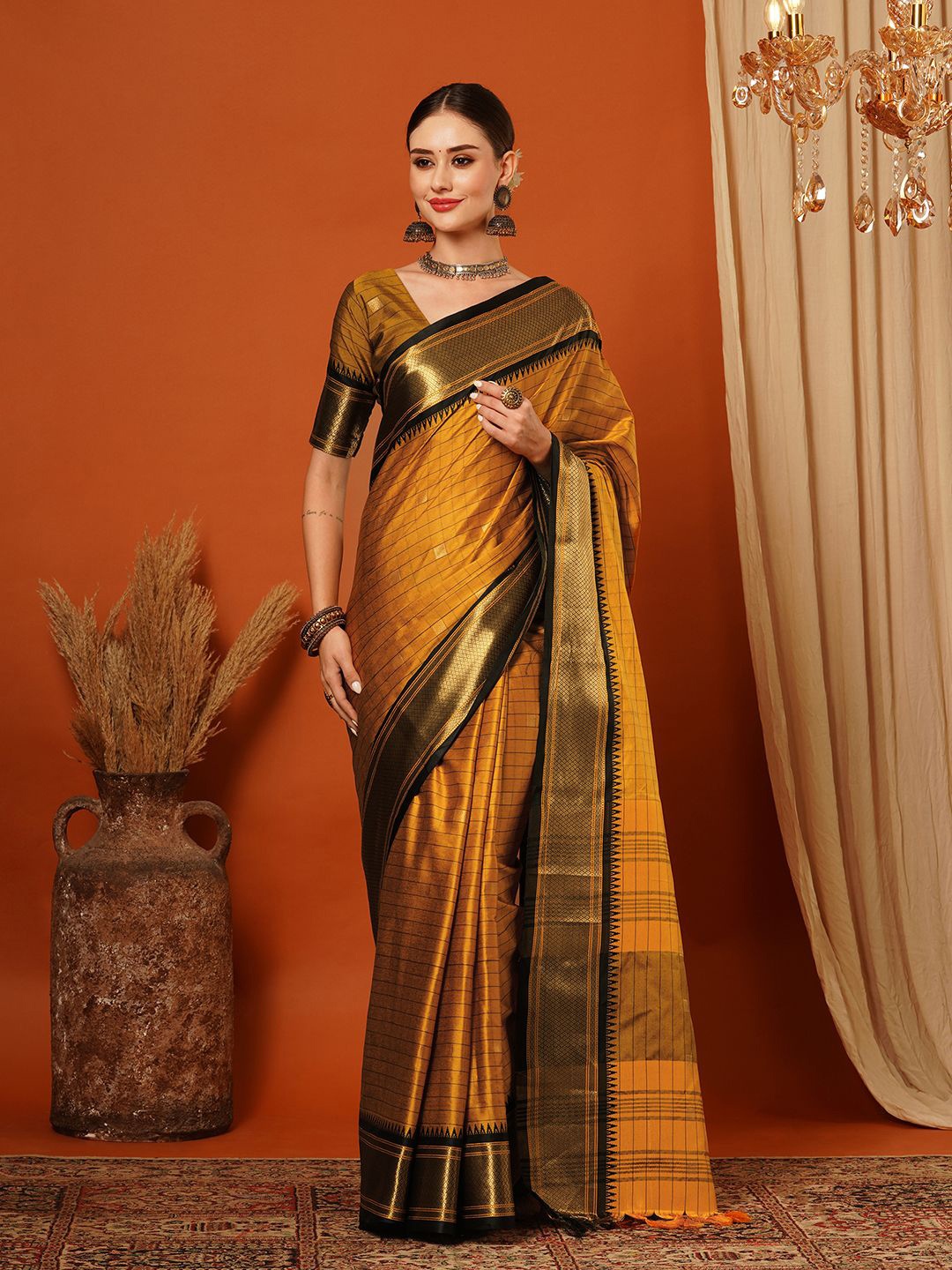 

KALINI Woven Design Zari Pure Silk Banarasi Saree, Yellow