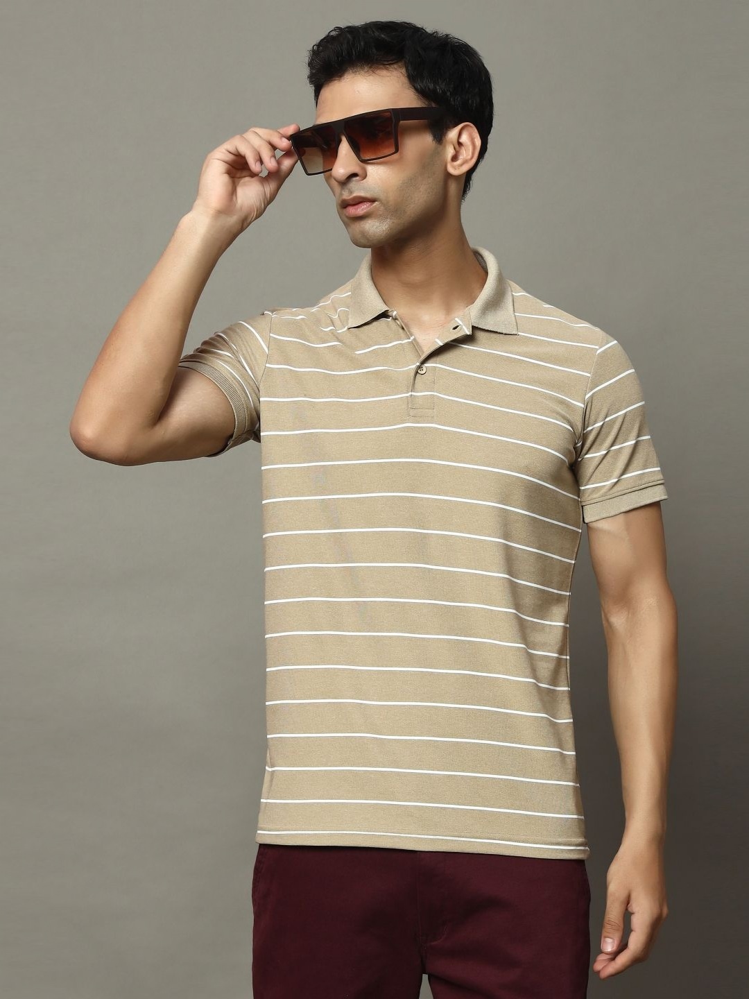 

OGEN Men Striped Polo Collar Pockets T-shirt, Beige