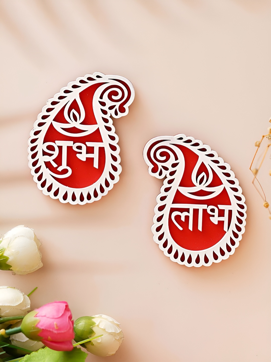

eCraftIndia Red 2 Pieces Shubh Labh Diya Wooden Decorative Showpieces