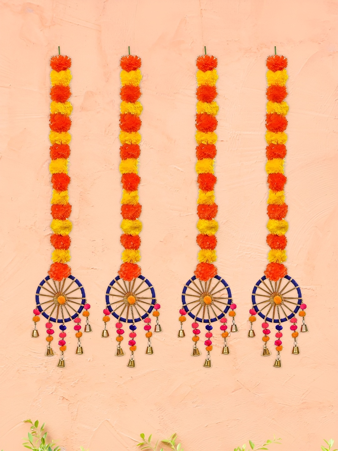 

eCraftIndia Orange & Yellow 4 Pieces Flowers Hangings with Bangles Ringing Bells