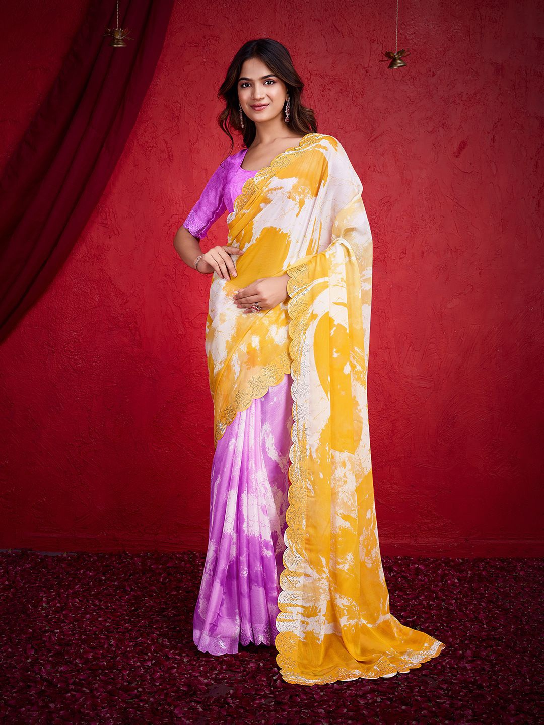 

Mitera Tie and Dye Beads and Stones Poly Chiffon Saree, Yellow