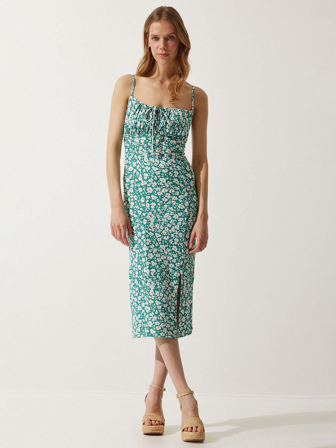

Happiness istanbul Floral Printed Cut-Outs Sheath Midi Dress, Green