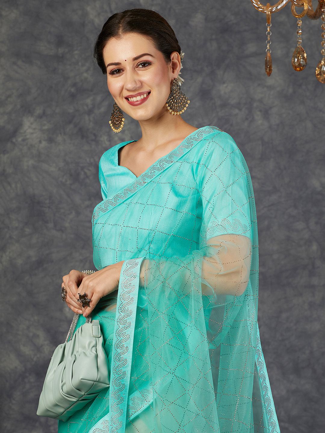 

Satrani Embellished Beads and Stones Net Saree, Turquoise blue