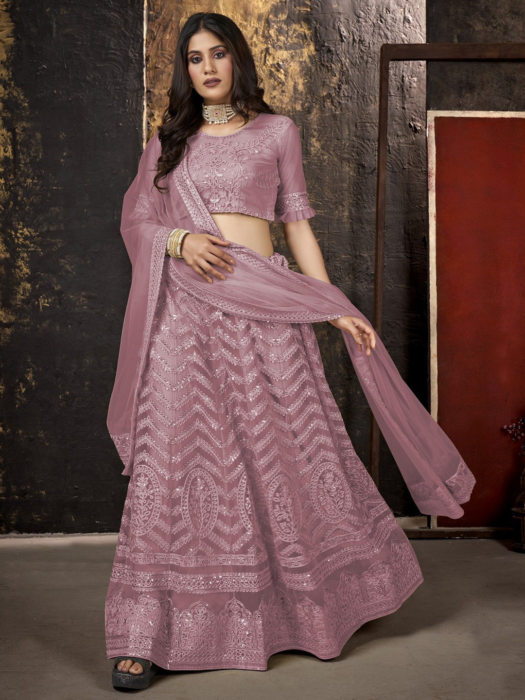 

VARNI FABRICS Embroidered Semi-Stitched Lehenga & Unstitched Blouse With Dupatta, Purple