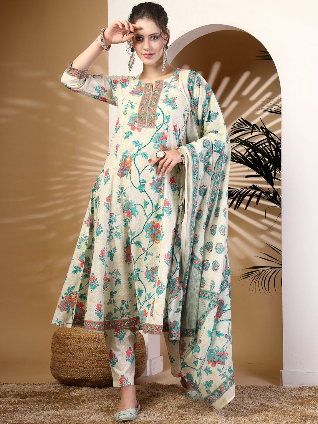 

GULMOHAR JAIPUR Floral Printed Sequined Cotton A-Line Kurta With Trousers & Dupatta, Off white
