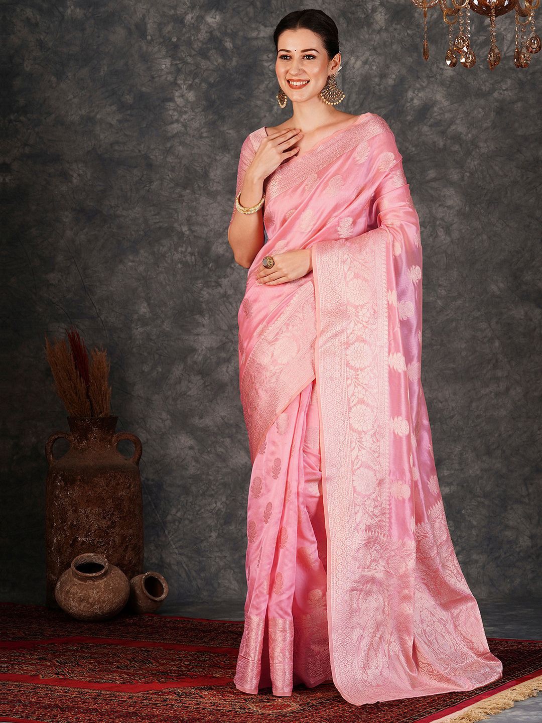 

Mitera Woven Design Zari Pure Silk Banarasi Saree, Pink